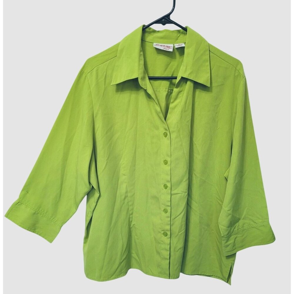 Joanna Plus 2X Button-Up Bright Green Blouse 3/4 Sleeve Collared Neck Lightweigh